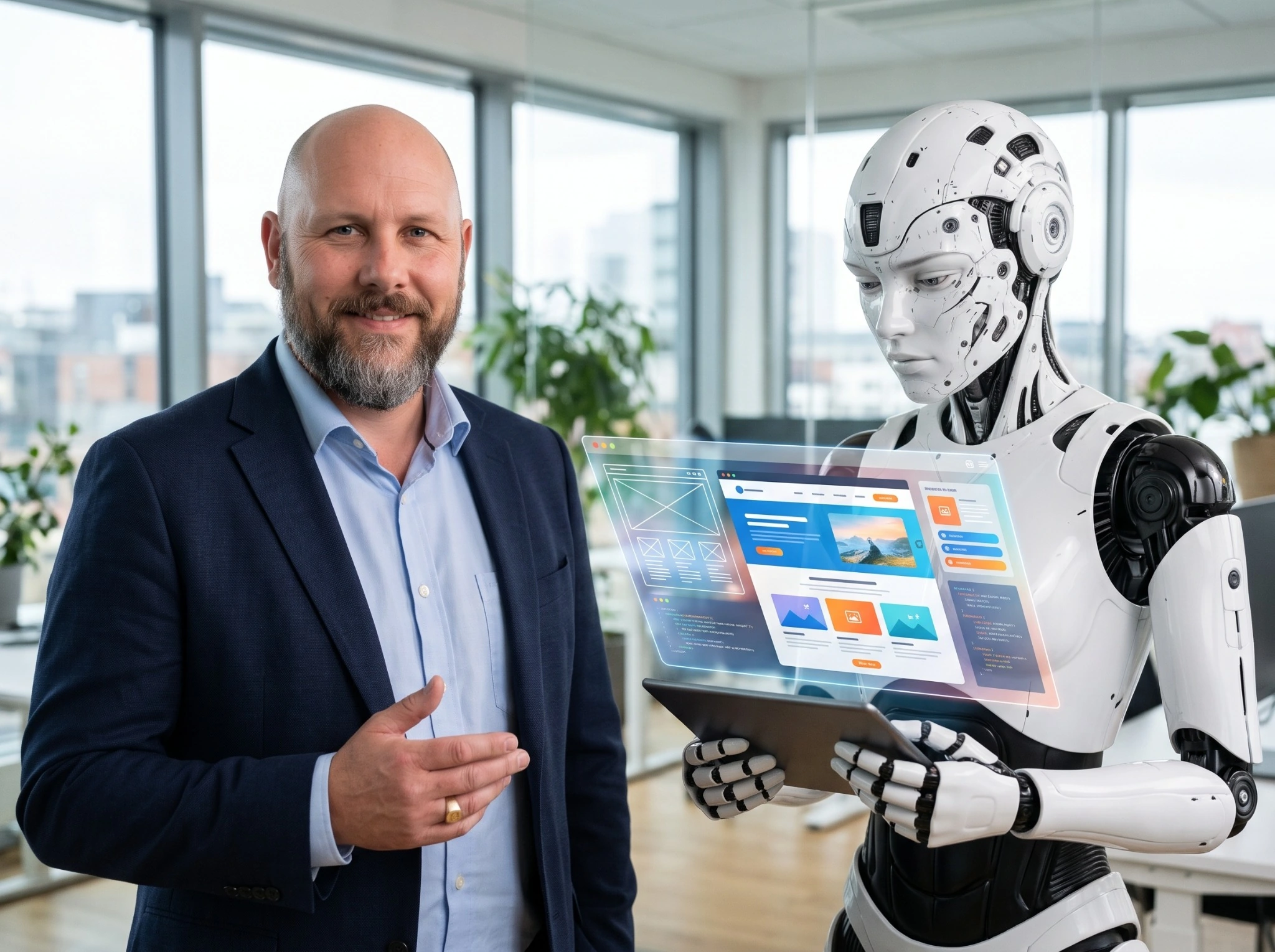 AI-generated illustration of Scott Lindahl alongside a robot and a digital web design concept.